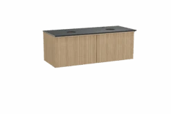 Balmani Forma Zwevend Badkamermeubel 135 X 55 Cm Natuur Eik Met Facetta Dubbel Tablet In Graniet Graniet Zwart Verticale Asymmetrische Ronde Ribbel