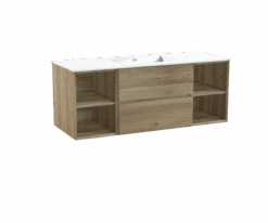 Storke Edge Zwevend Badkamermeubel 135 X 52 Cm Ruwe Eik Met Diva Gecentreerde Wastafel In Glanzend Composiet Marmer