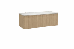 Balmani Forma Zwevend Badkamermeubel 135 X 55 Cm Natuur Eik Met Stretto Enkel Of Dubbel Tablet In Marmer Carrara Verticale Asymmetrische Ronde Ribbel