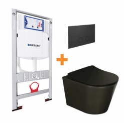 Luca Varess Spirello Hangtoilet Mat Zwart En Fino Wc-bril Met Geberit UP320 Inbouwreservoir Met Burda Wc-elementen Luca Varess Perola Bedieningspaneel Mat Zwart